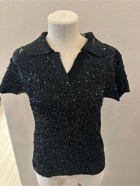 Women's Black Sequin Short Sleeve Polo Tee